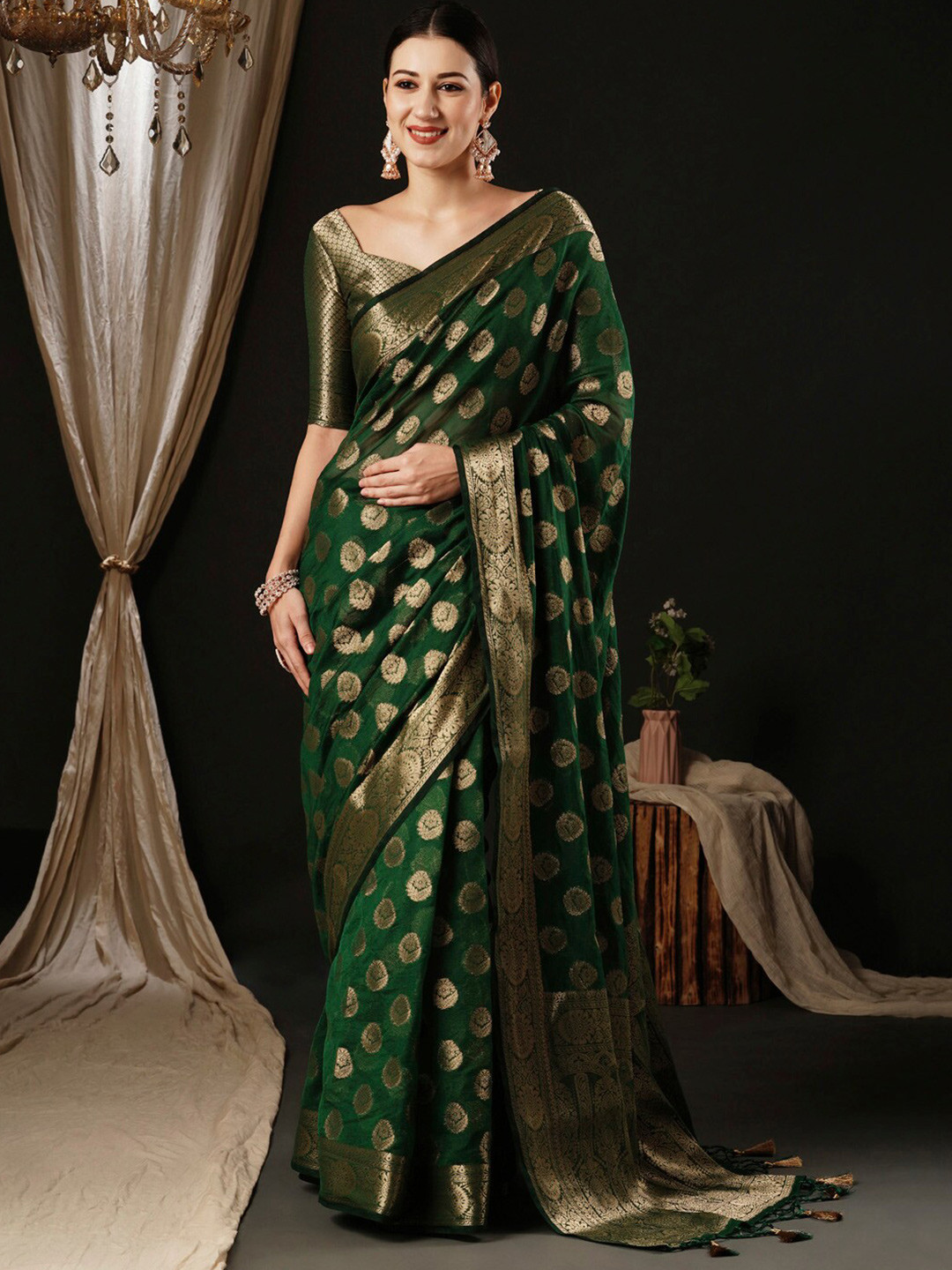 

Anouk Ethnic Woven Design Zari Pure Georgette Kanjeevaram Saree, Green