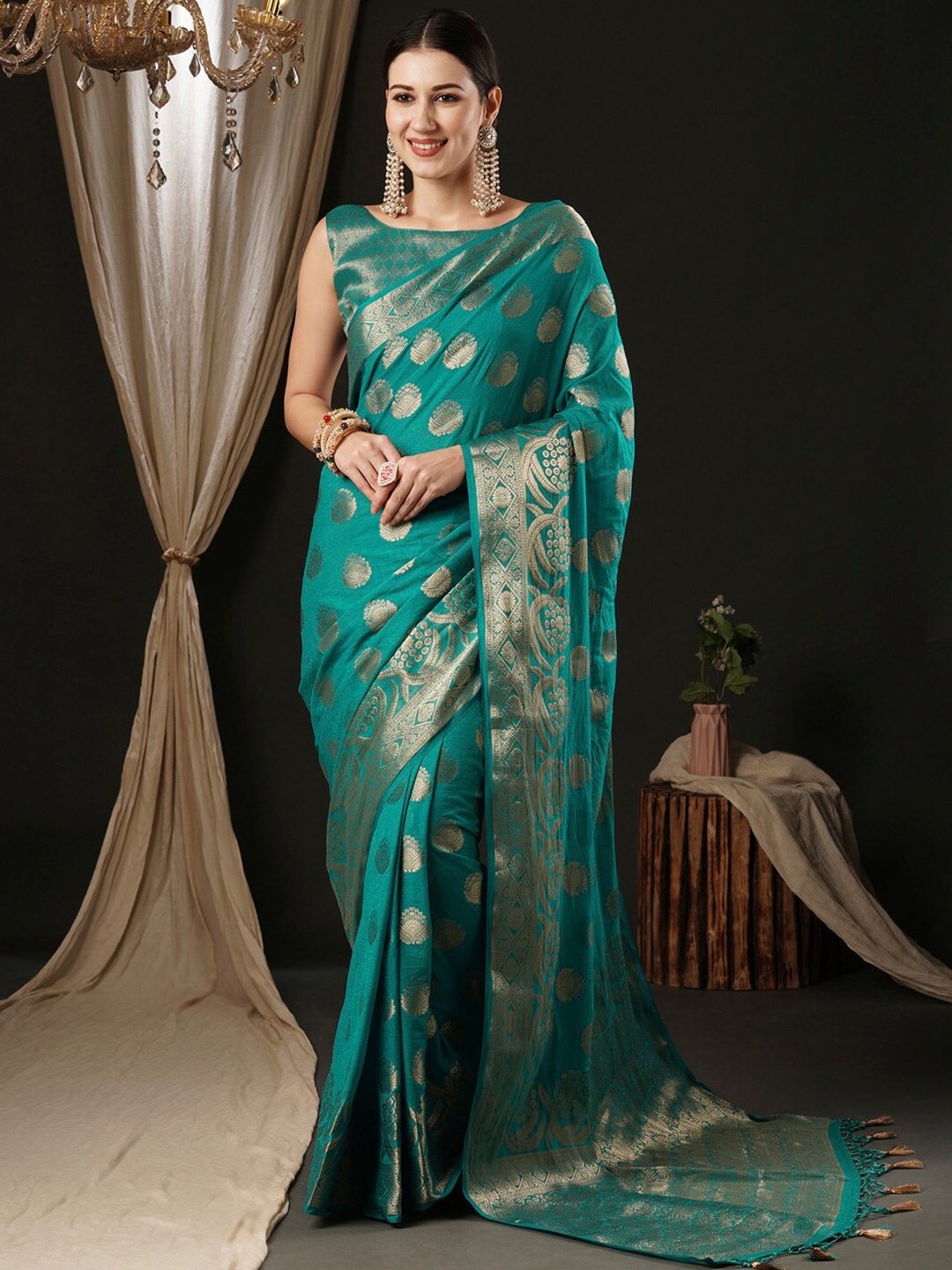 

Anouk Ethnic Motifs Woven Design Zari Pure Georgette Kanjeevaram Saree, Blue