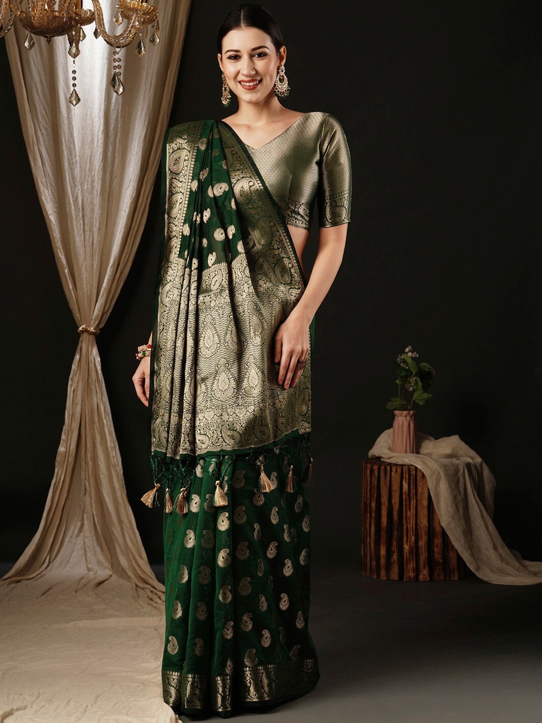 

Anouk Ethnic Motifs Woven Design Zari Pure Georgette Kanjeevaram Saree, Green