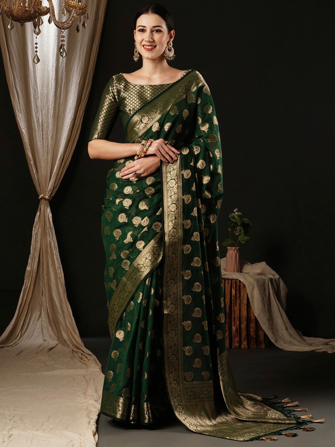 

Anouk Ethnic Woven Design Zari Pure Georgette Kanjeevaram Saree, Green
