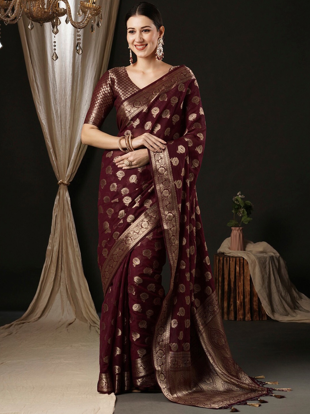 

Anouk Ethnic Motifs Woven Design Zari Pure Georgette Kanjeevaram Saree, Burgundy