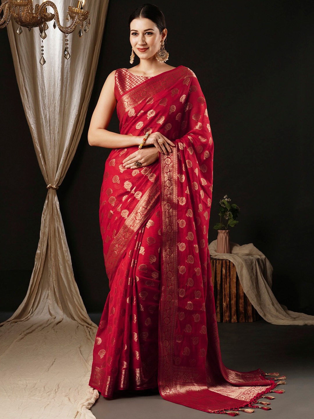 

Anouk Ethnic Motifs Woven Design Zari Pure Georgette Kanjeevaram Saree, Red