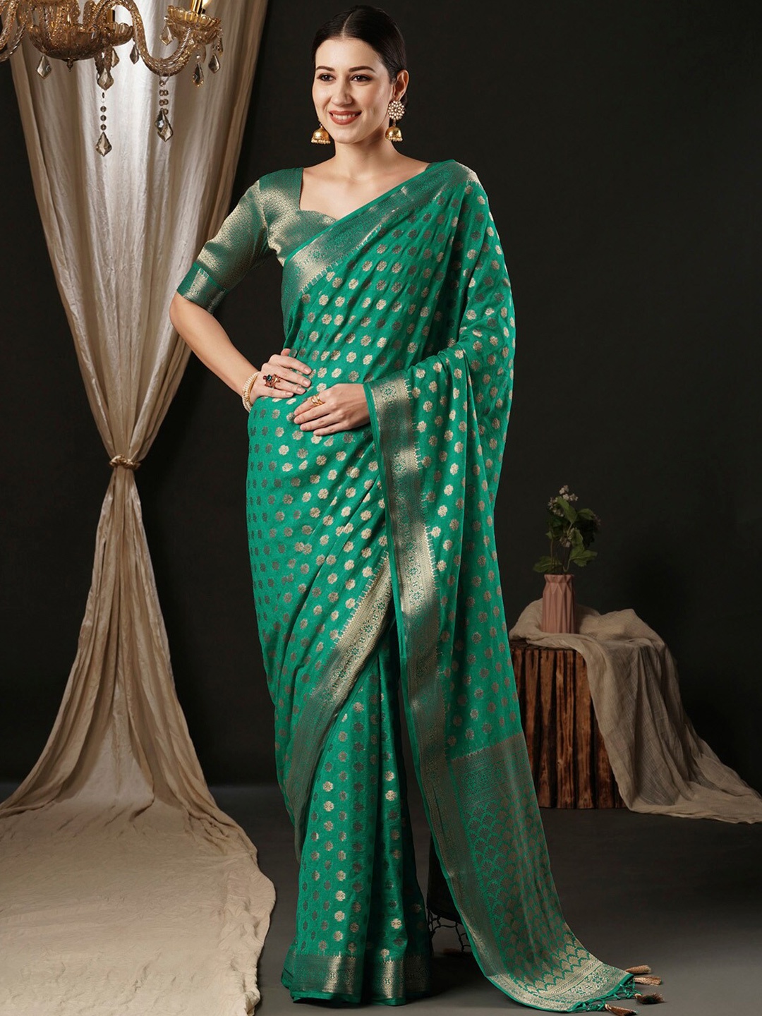 

Anouk Ethnic Motifs Woven Design Zari Pure Georgette Kanjeevaram Saree, Green