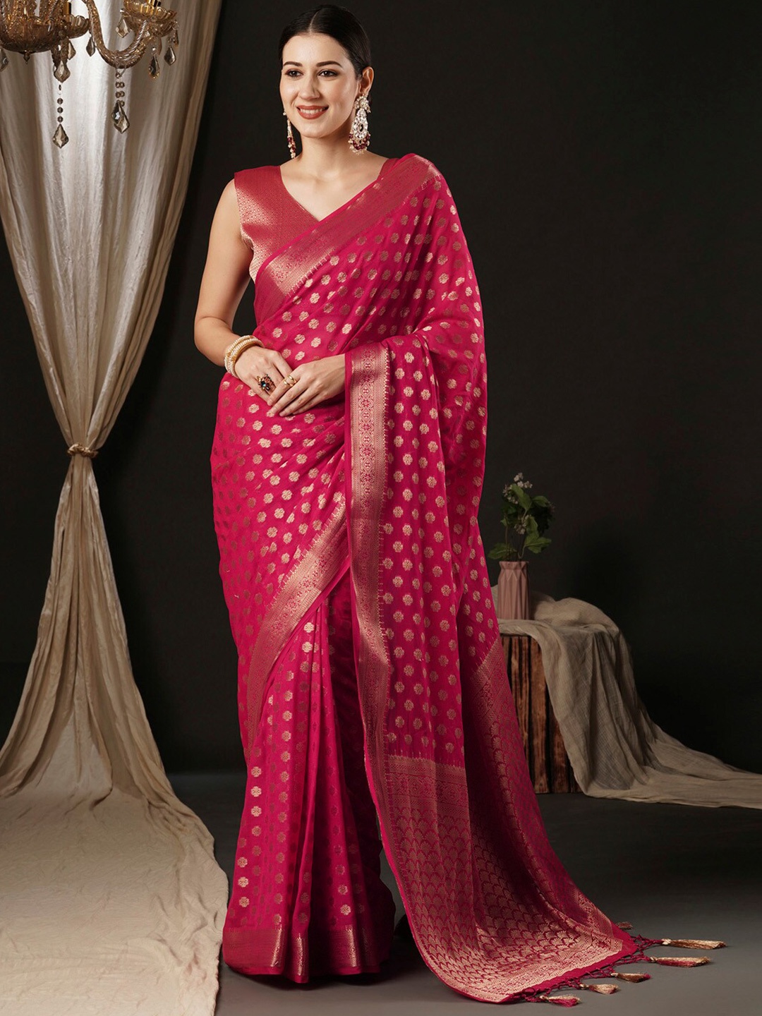 

Anouk Ethnic Woven Design Zari Pure Georgette Kanjeevaram Saree, Pink