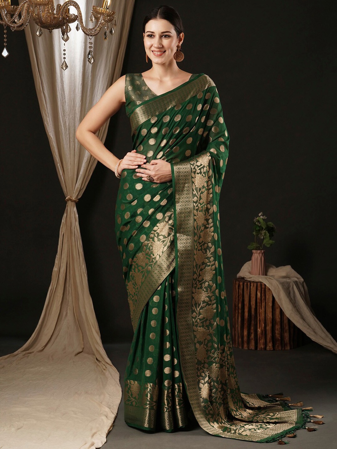 

Anouk Ethnic Motifs Woven Design Zari Pure Georgette Kanjeevaram Saree, Green