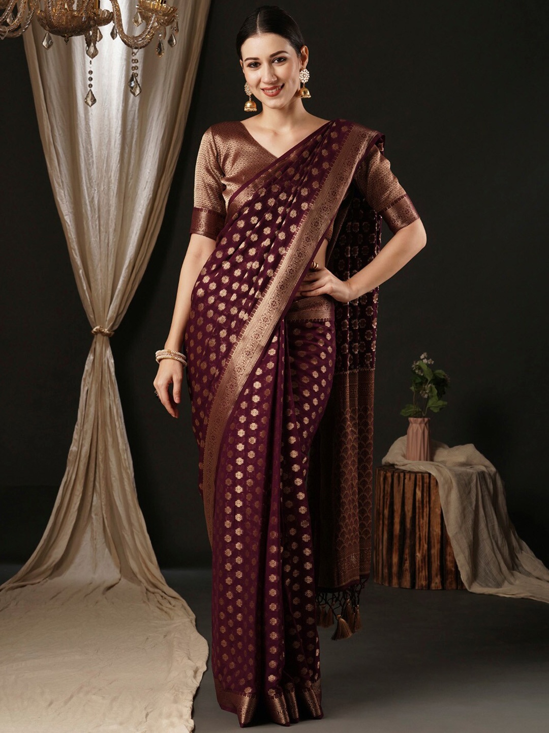

Anouk Ethnic Motifs Woven Design Zari Pure Georgette Kanjeevaram Saree, Burgundy