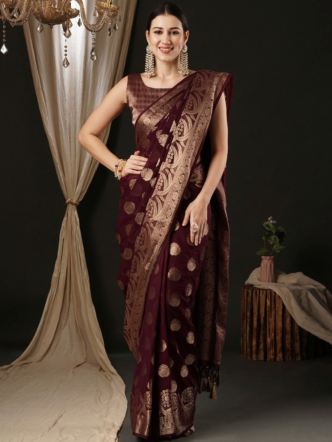 

Anouk Ethnic Motifs Zari Pure Georgette Kanjeevaram Saree, Burgundy