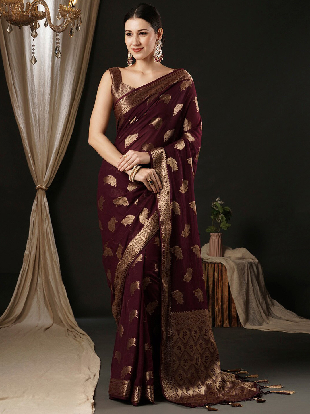 

Anouk Ethnic Woven Design Zari Pure Georgette Kanjeevaram Saree, Burgundy