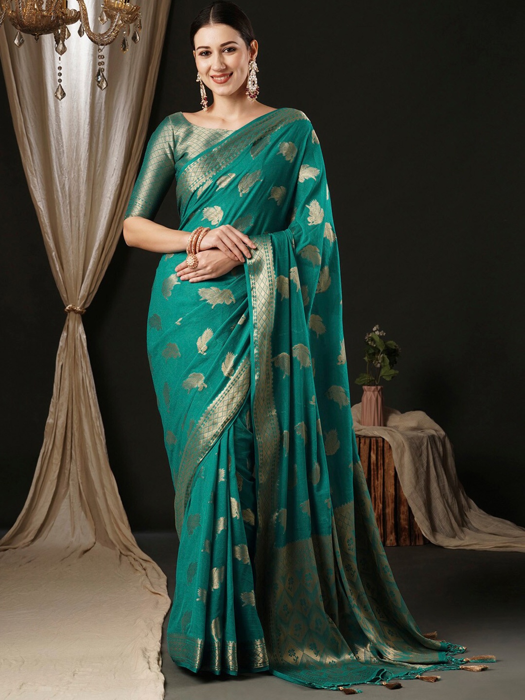 

Anouk Ethnic Motifs Zari Pure Georgette Kanjeevaram Saree, Green