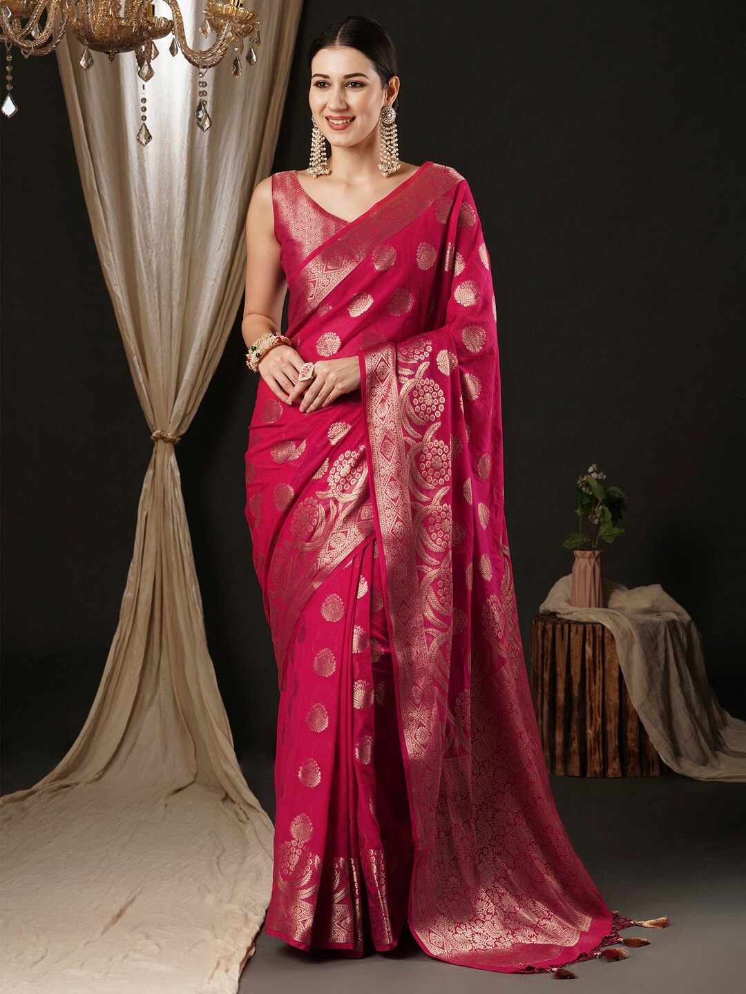 

Anouk Ethnic Motifs Woven Design Zari Pure Georgette Kanjeevaram Saree, Pink