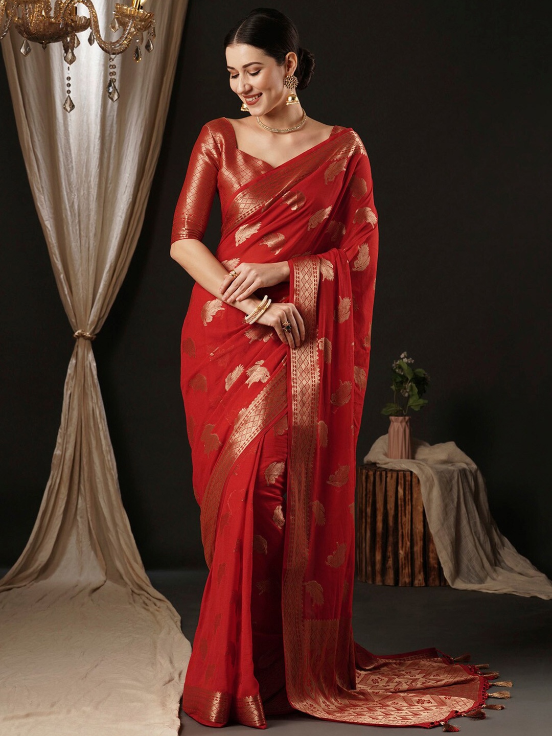 

Anouk Ethnic Motifs Zari Pure Georgette Kanjeevaram Saree, Red