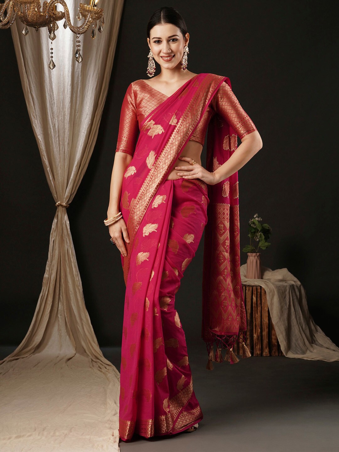 

Anouk Ethnic Motifs Zari Pure Georgette Kanjeevaram Saree, Pink