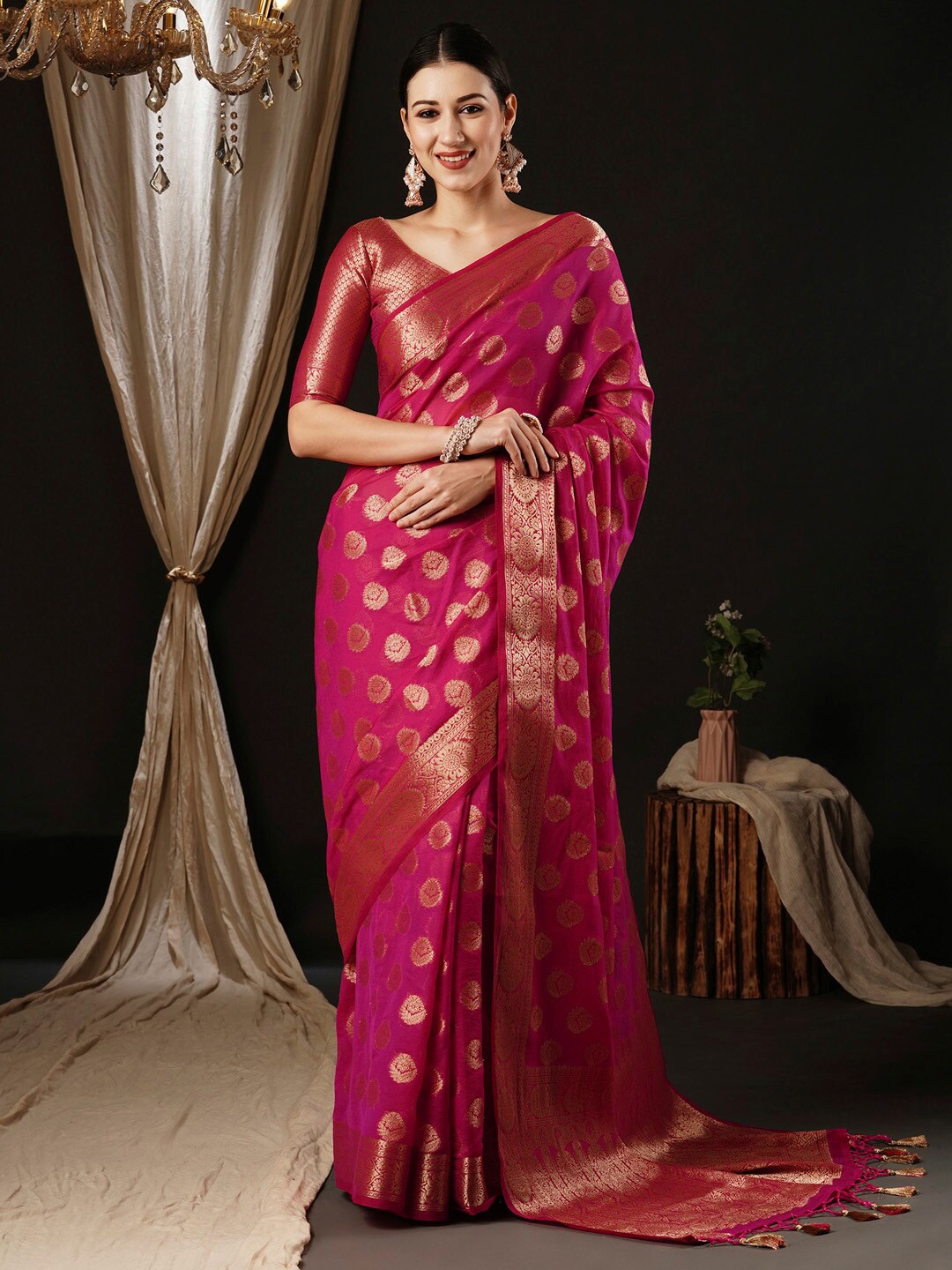 

Anouk Ethnic Woven Design Zari Pure Georgette Kanjeevaram Saree, Pink