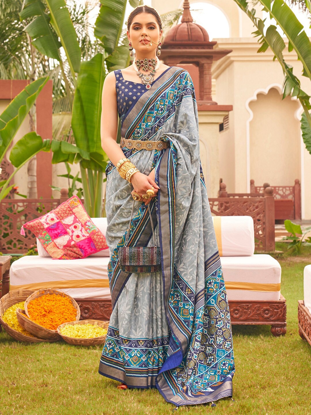 

Anouk Ethnic Motifs Woven Design Zari Patola Saree, Grey