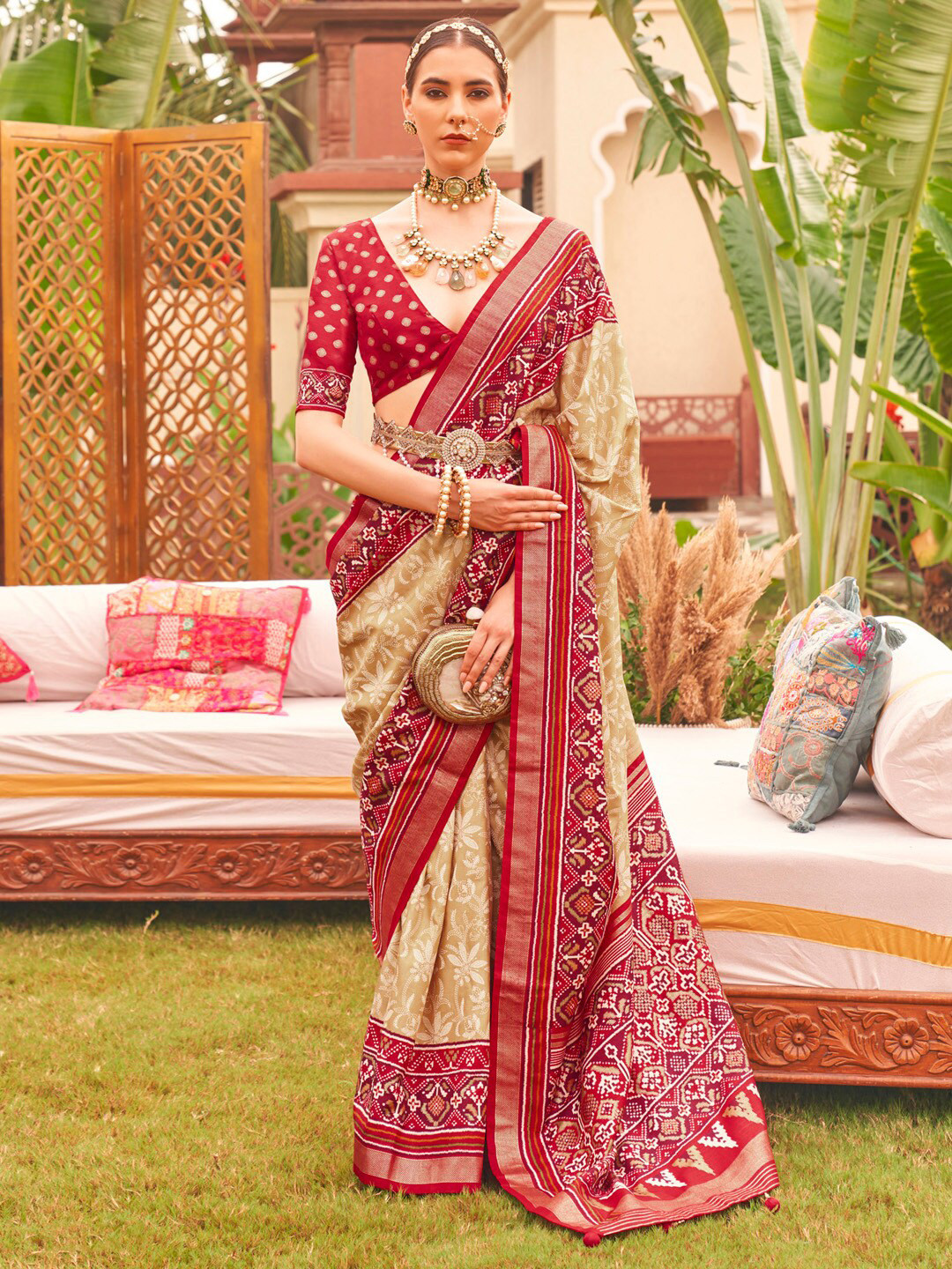

Anouk Ethnic Motifs Woven Design Zari Patola Saree, Cream
