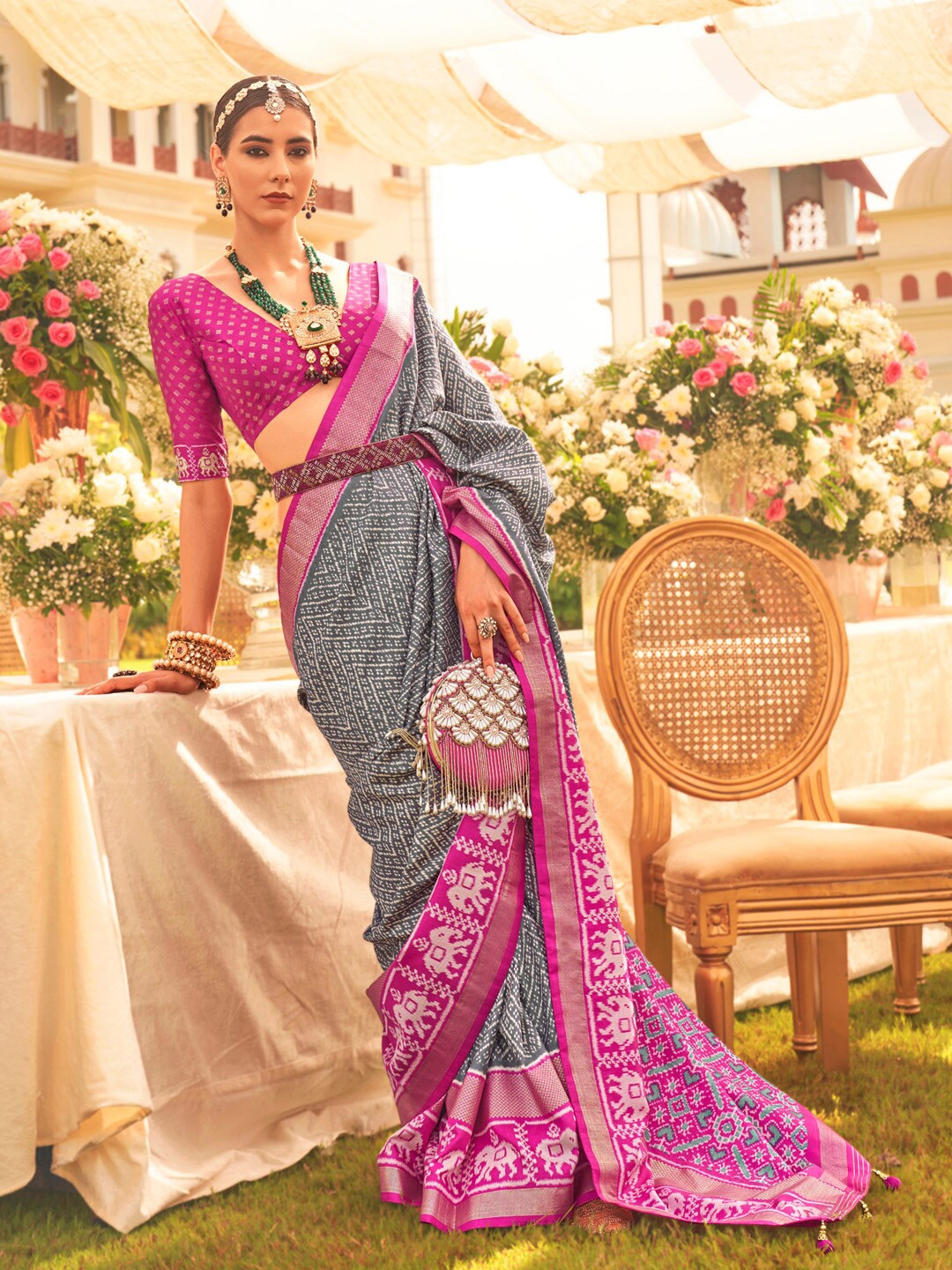 

Anouk Ethnic Motifs Woven Design Zari Patola Saree, Grey