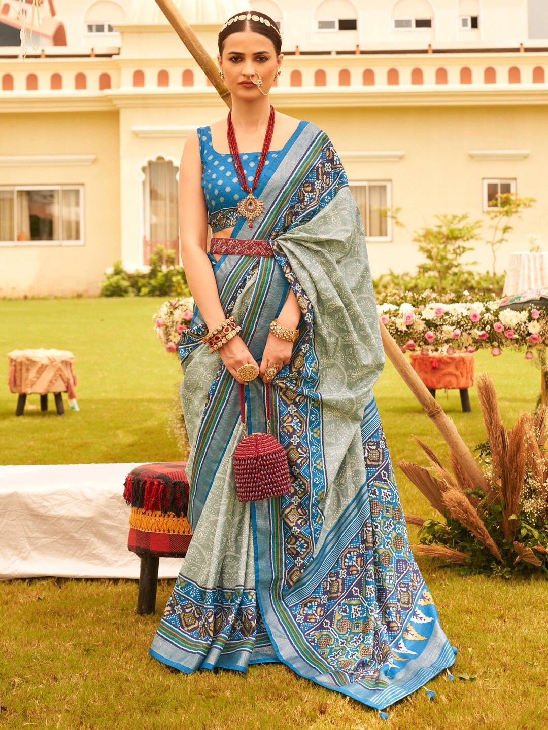 

Anouk Ethnic Motifs Zari Patola Saree, Sea green