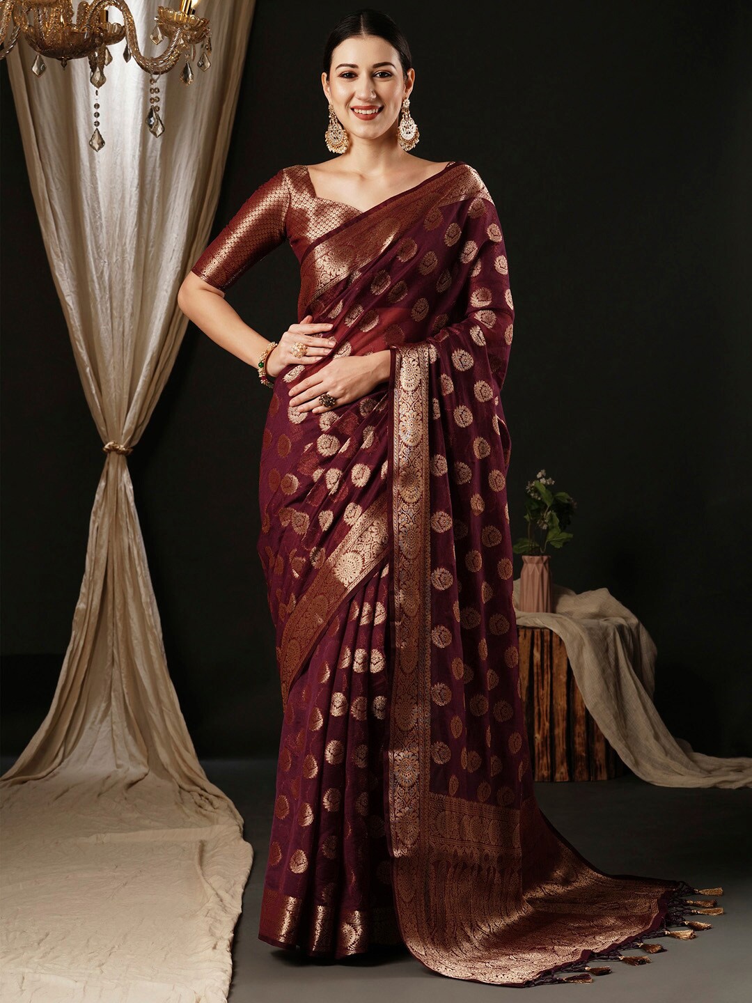 

Anouk Ethnic Motifs Woven Design Zari Pure Georgette Kanjeevaram Saree, Burgundy