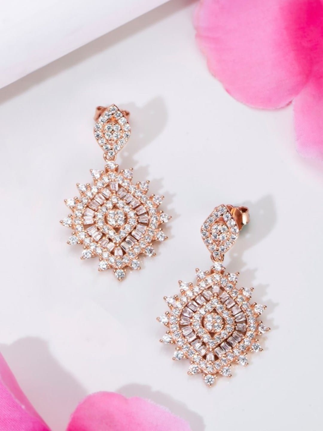 

Zavya 925 Pure Sterling Silver Rose Gold-Plated Cubic Zirconia-Studded Drop Earrings