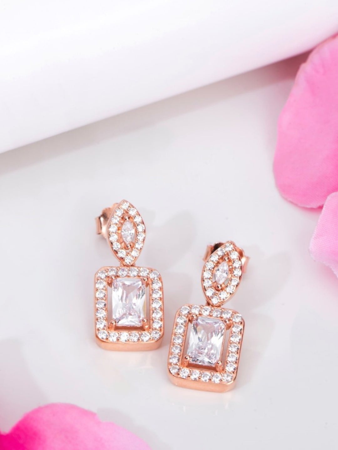 

Zavya 925 Pure Sterling Silver Rose Gold-Plated Cubic Zirconia-Studded Drop Earrings