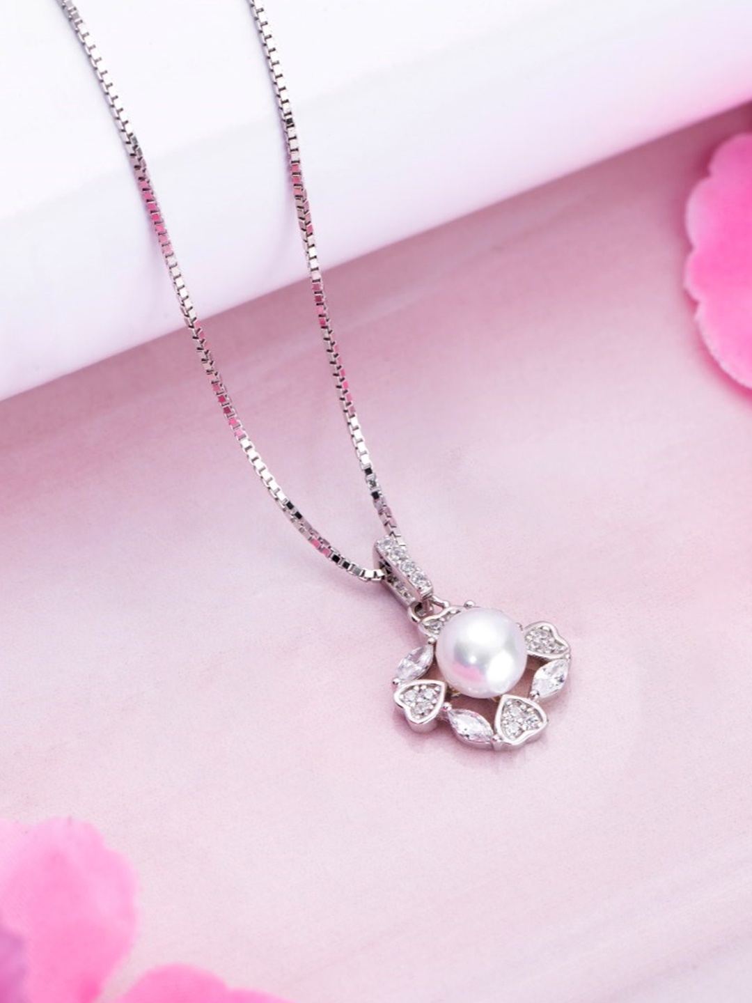 

Zavya 925 Pure Sterling Silver Rhodium-Plated Pearls Beaded Pendants with Chains