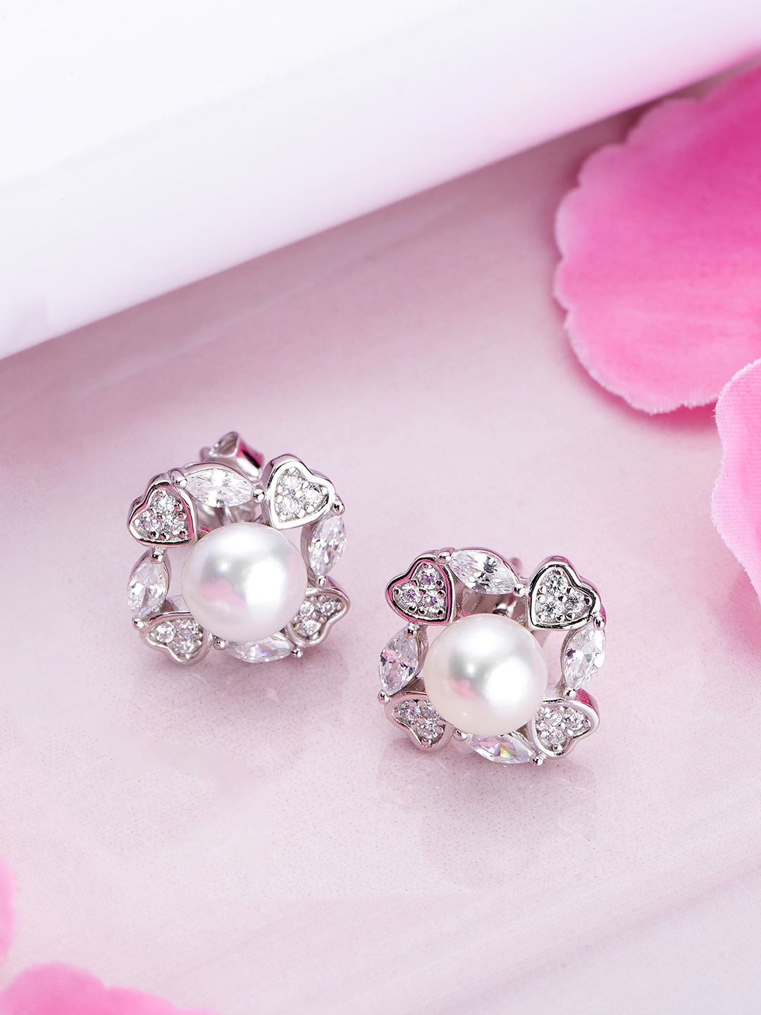 

Zavya Rhodium Plated Circular Pearls Studs, Silver