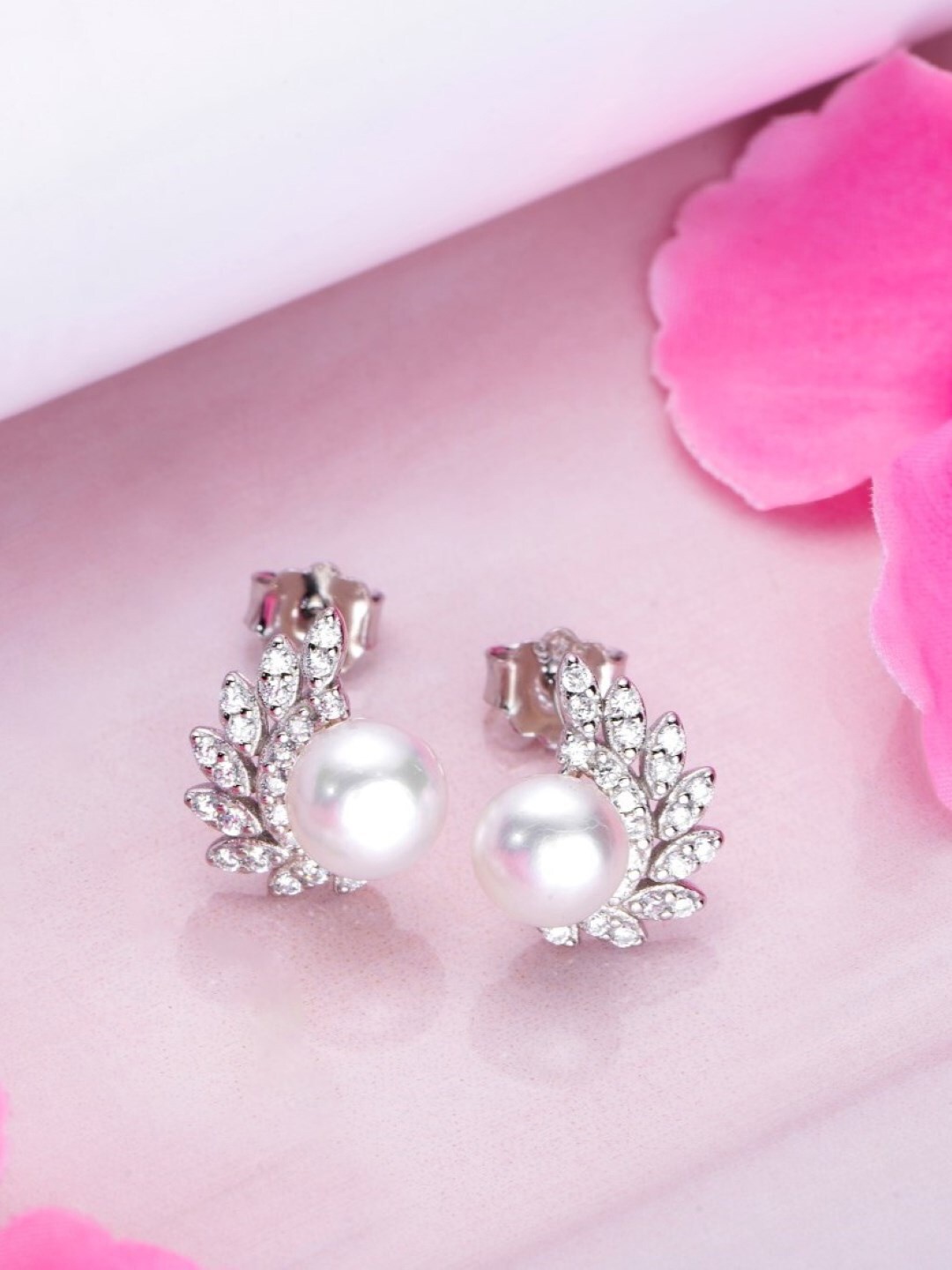 

Zavya 92.5 Sterling Silver Rhodium-Plated Stones Studded & Beaded Stud Earrings