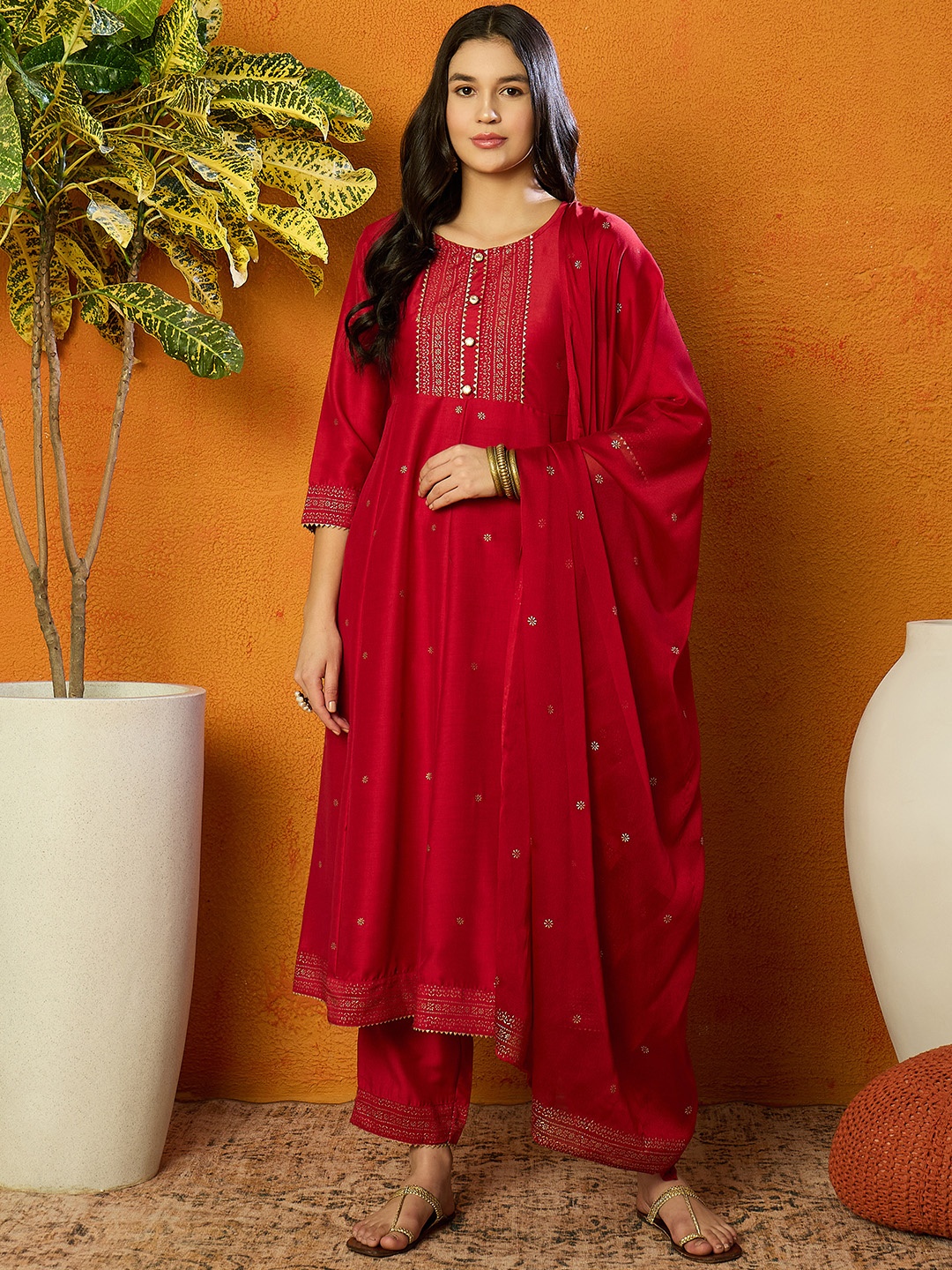 

KALINI Ethnic Motifs Printed Empire Kurta with Trousers & With Dupatta, Maroon