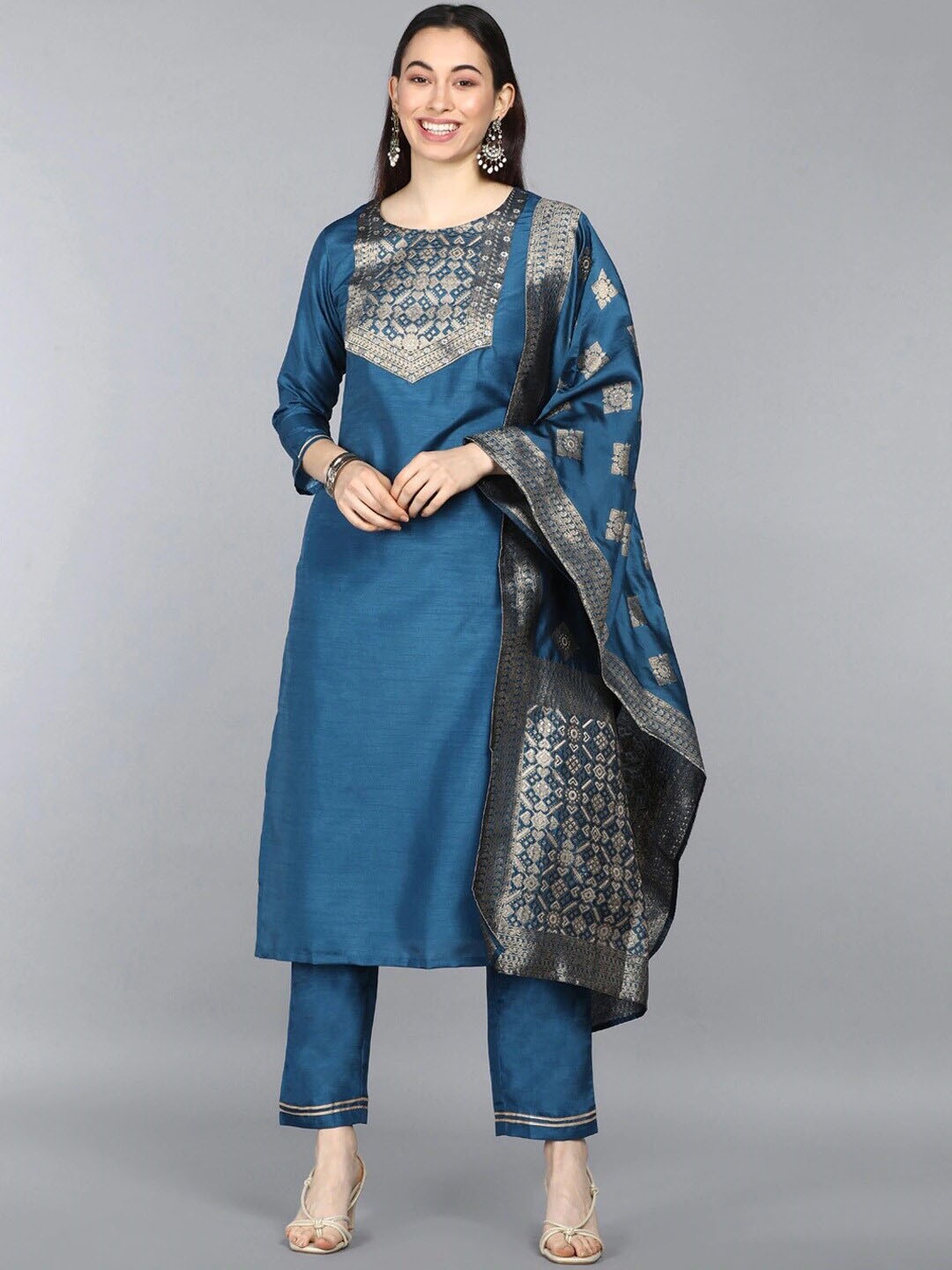 

KALINI Ethnic Motifs Yoke Design Regular Kurta with Trousers & Dupatta, Teal