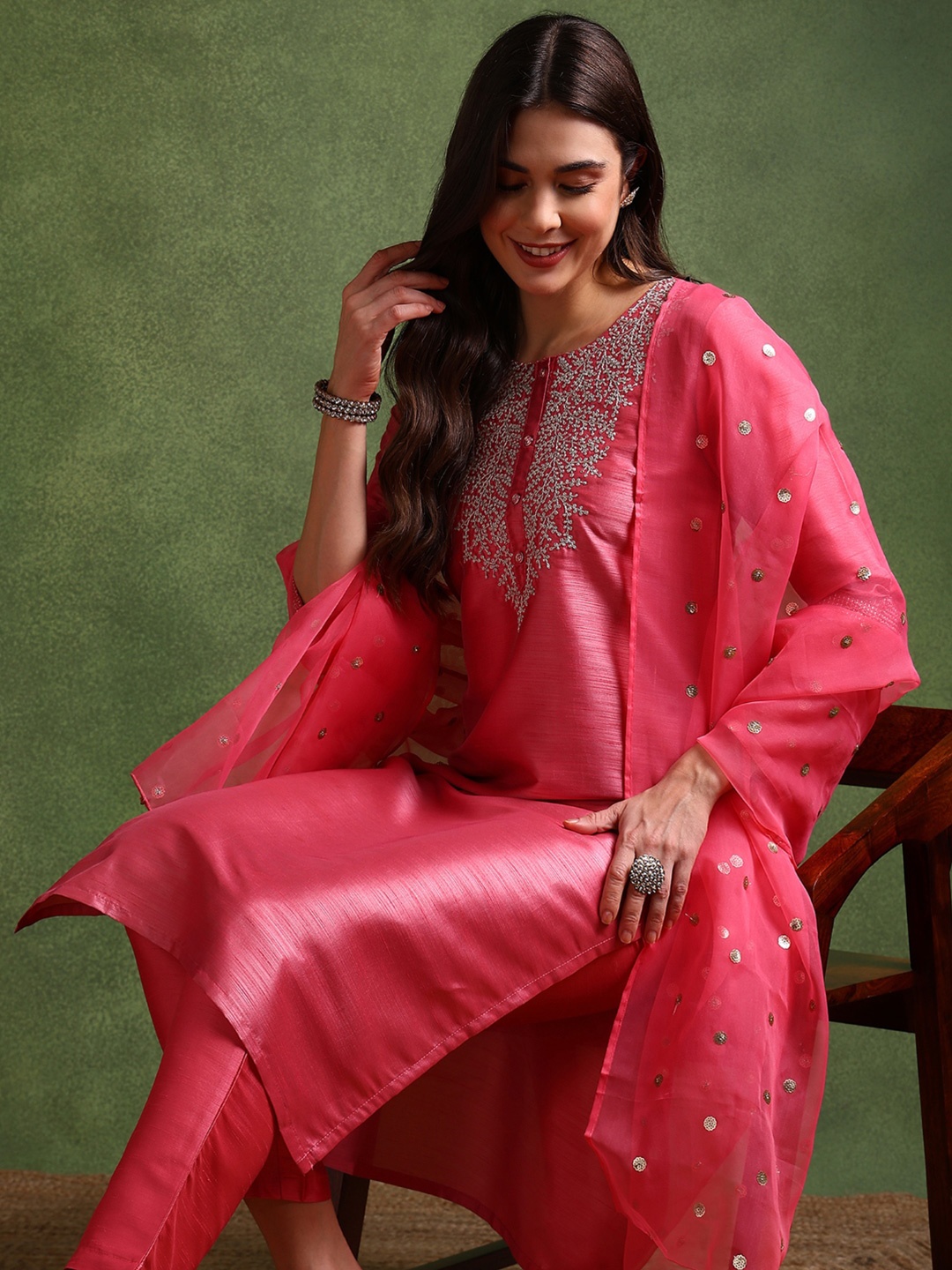 

KALINI Ethnic Motifs Embroidered Regular Kurta with Trousers & Dupatta, Pink