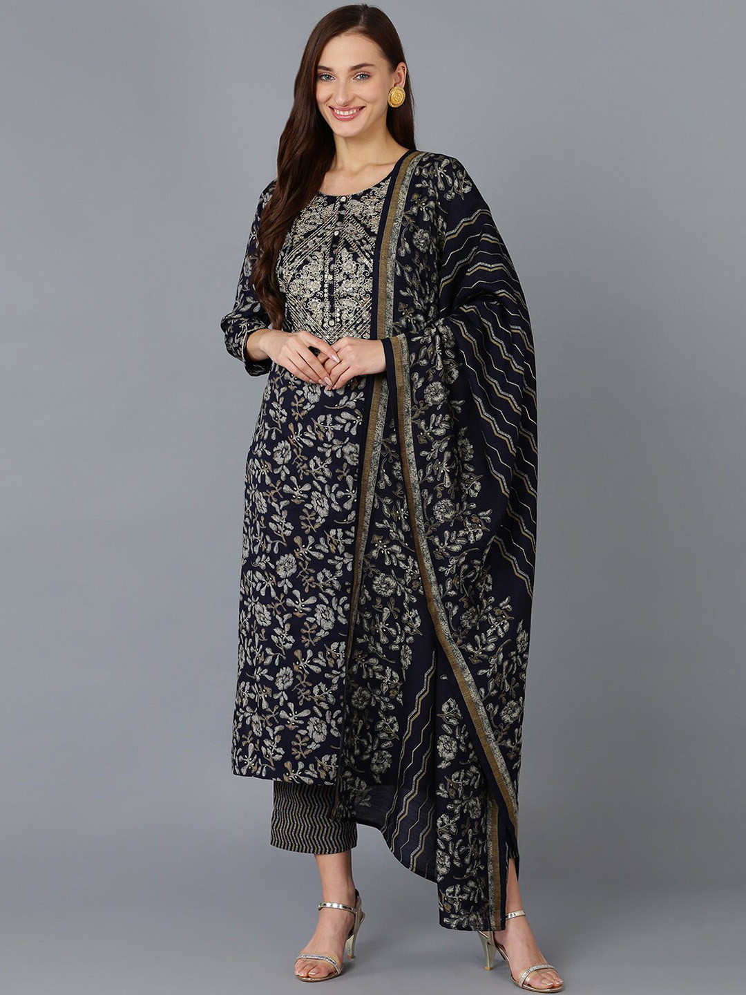 

KALINI Floral Printed Regular Thread Work Kurta with Trousers & Dupatta, Black