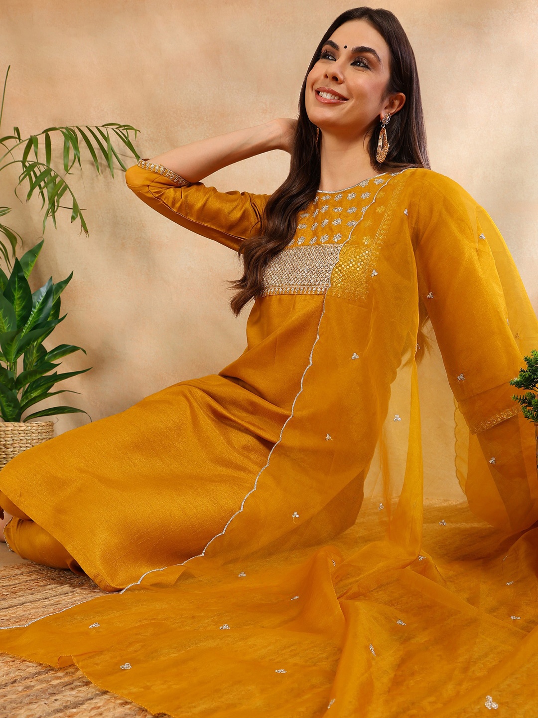 

KALINI Ethnic Motifs Yoke Design Regular Sequinned Kurta with Trousers & Dupatta, Mustard