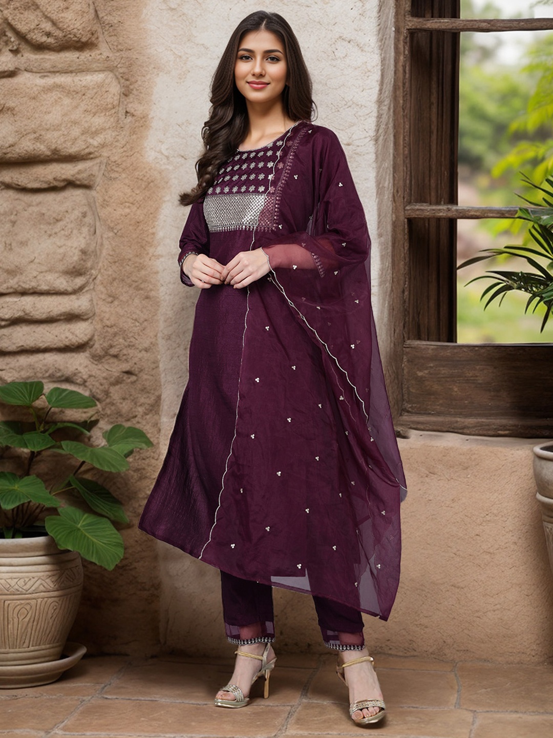 

KALINI Floral Embroidered Regular Sequinned Kurta with Trousers & With Dupatta, Purple