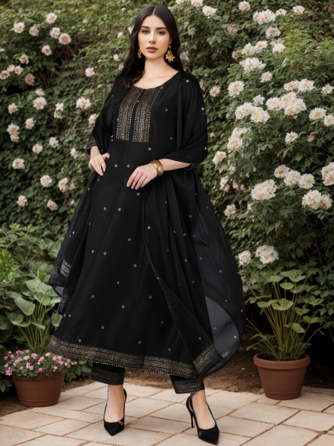 

KALINI Ethnic Motifs Printed Empire Kurta with Trousers & With Dupatta, Black