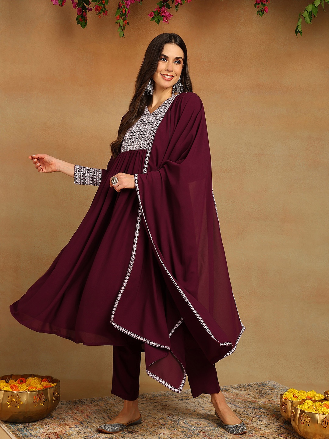 

KALINI Yoke Design V-Neck Thread Work Empire Kurta With Trouser & Dupatta, Burgundy