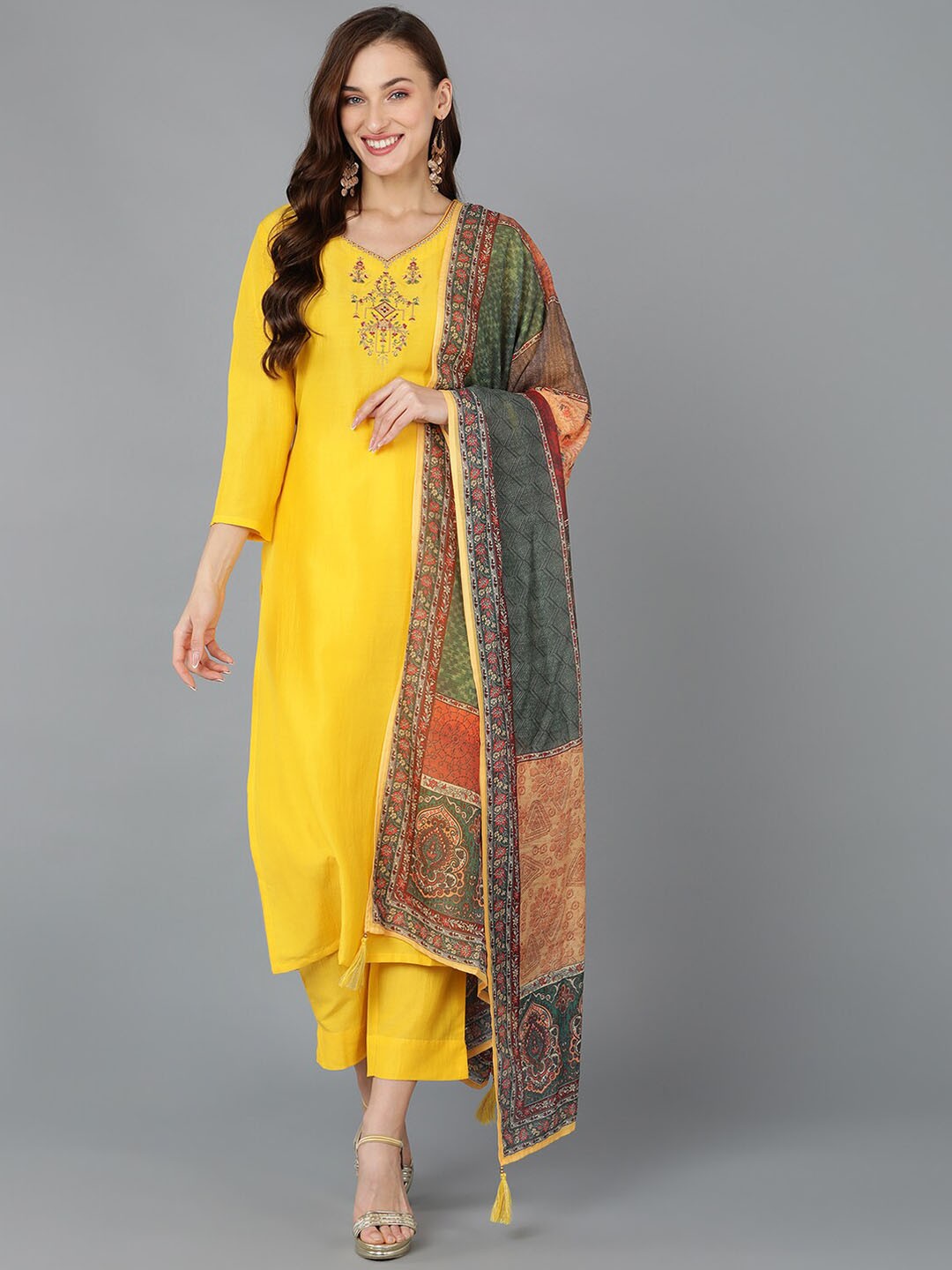 

KALINI Ethnic Motifs Embroidered Straight Kurta with Trousers & With Dupatta, Yellow