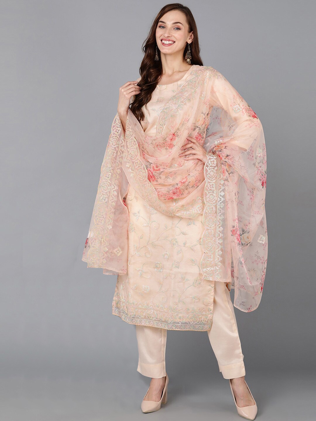 

KALINI Ethnic Motifs Embroidered Sequinned Straight Kurta & Trousers With Dupatta, Peach