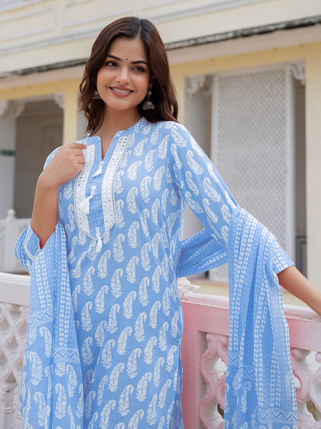 

KALINI Paisley Printed Mirror Work Pure Cotton Straight Kurta & Trousers With Dupatta, Blue
