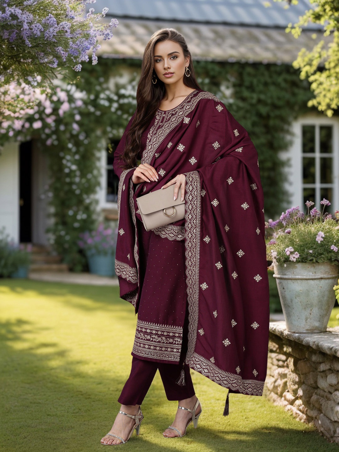 

KALINI Floral Embroidered Long Sleeves Straight Kurta With Trousers & Dupatta, Burgundy