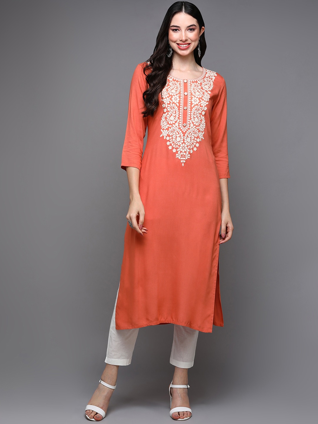 

KALINI Floral Embroidered Round Neck Kurta, Orange