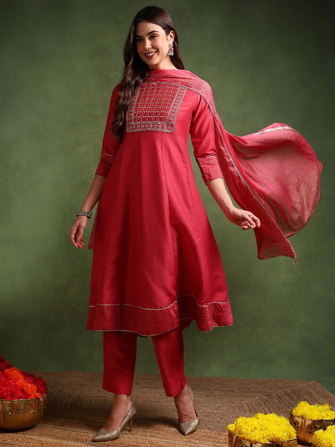 

KALINI Yoke Design Embroidered Anarkali Kurta With Trousers & Dupatta, Rose