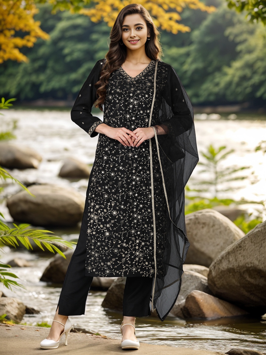 

KALINI Floral Embroidered V-Neck Straight Kurta With Trousers & Dupatta, Black