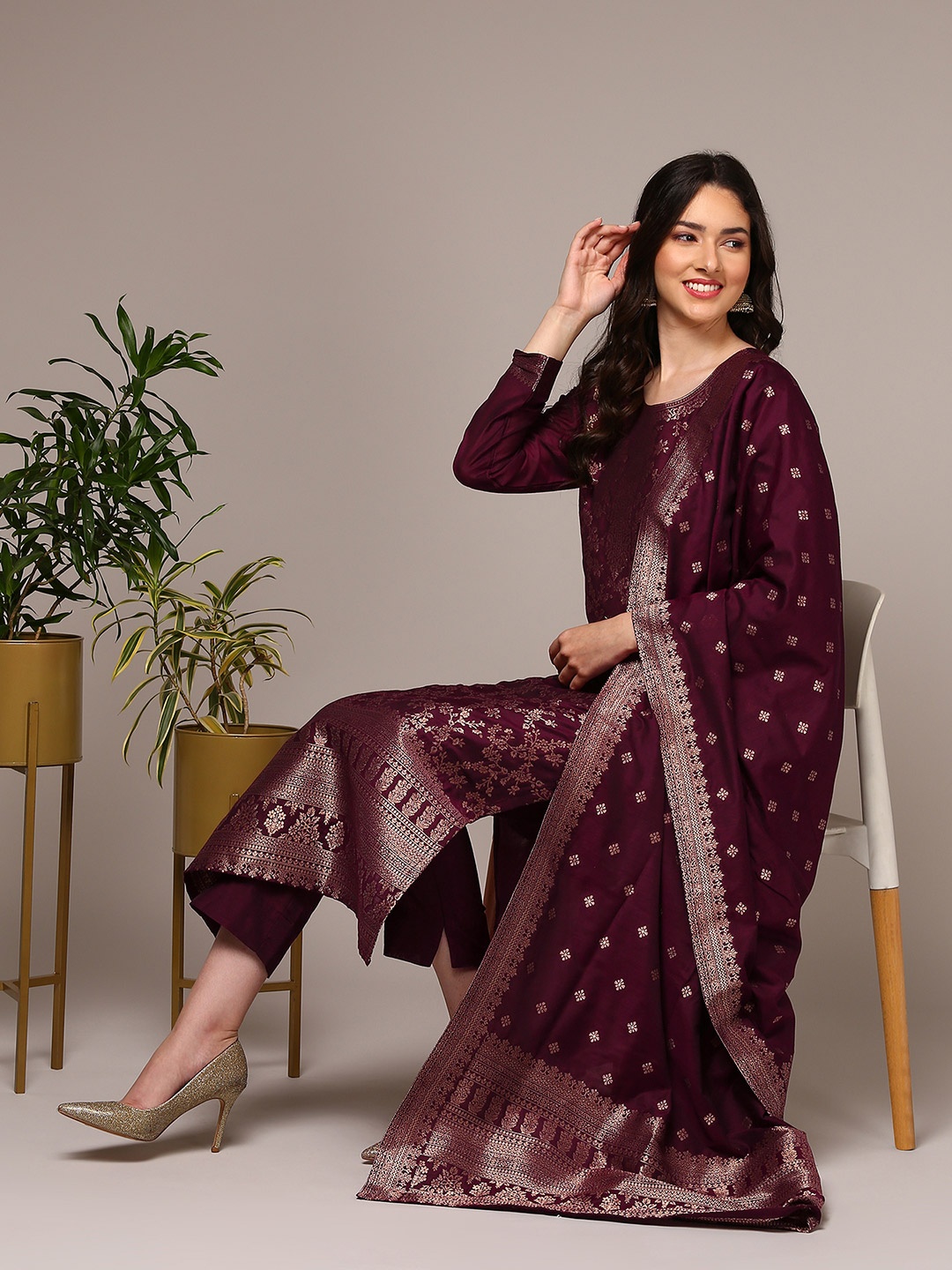 

KALINI Floral Woven Design Zari Straight Kurta With Trousers & Dupatta, Maroon