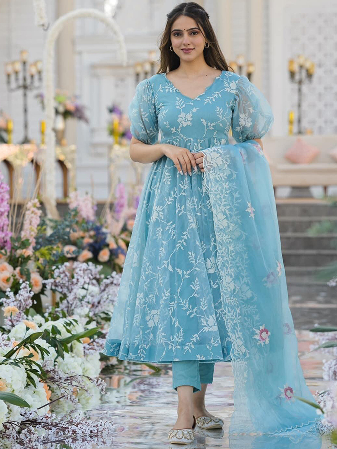 

ESTELA Floral Printed Embroidery Anarkali Empire Kurta with Trousers & Dupatta, Turquoise blue