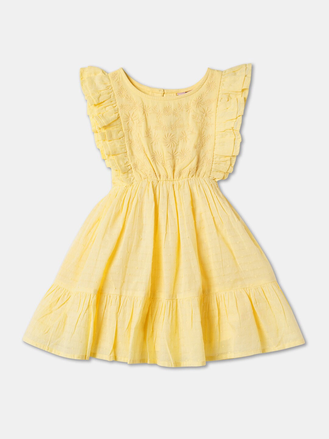 

R&B Girls Round Neck Self Design Flared Sleeves Knee Length Fit & Flare Cotton Dress, Yellow