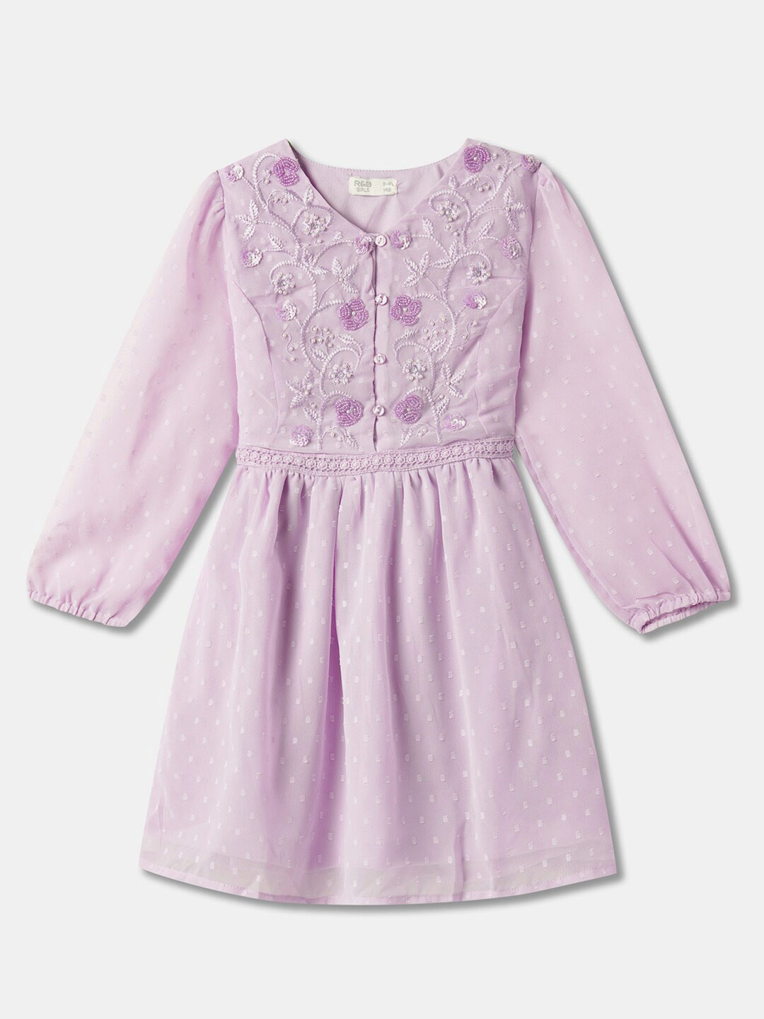

R&B Floral Printed Round Neck Puff Sleeve Sequined Fit and Flare Dress, Purple