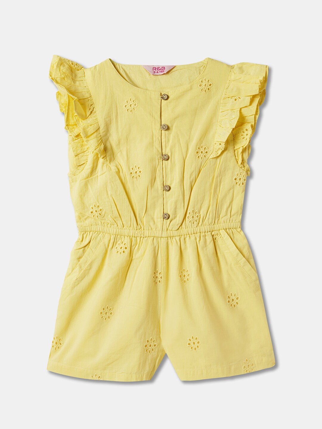 

R&B Girls Self Design Gathers Cotton Jumpsuits, Yellow