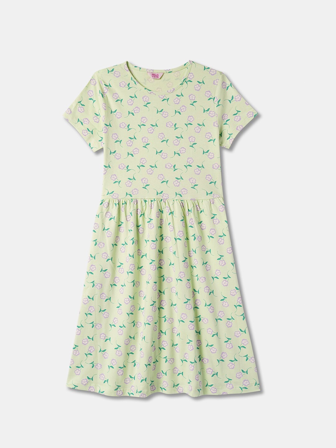 

R&B Girls Floral Printed Cotton Fit & Flare Dress, Green