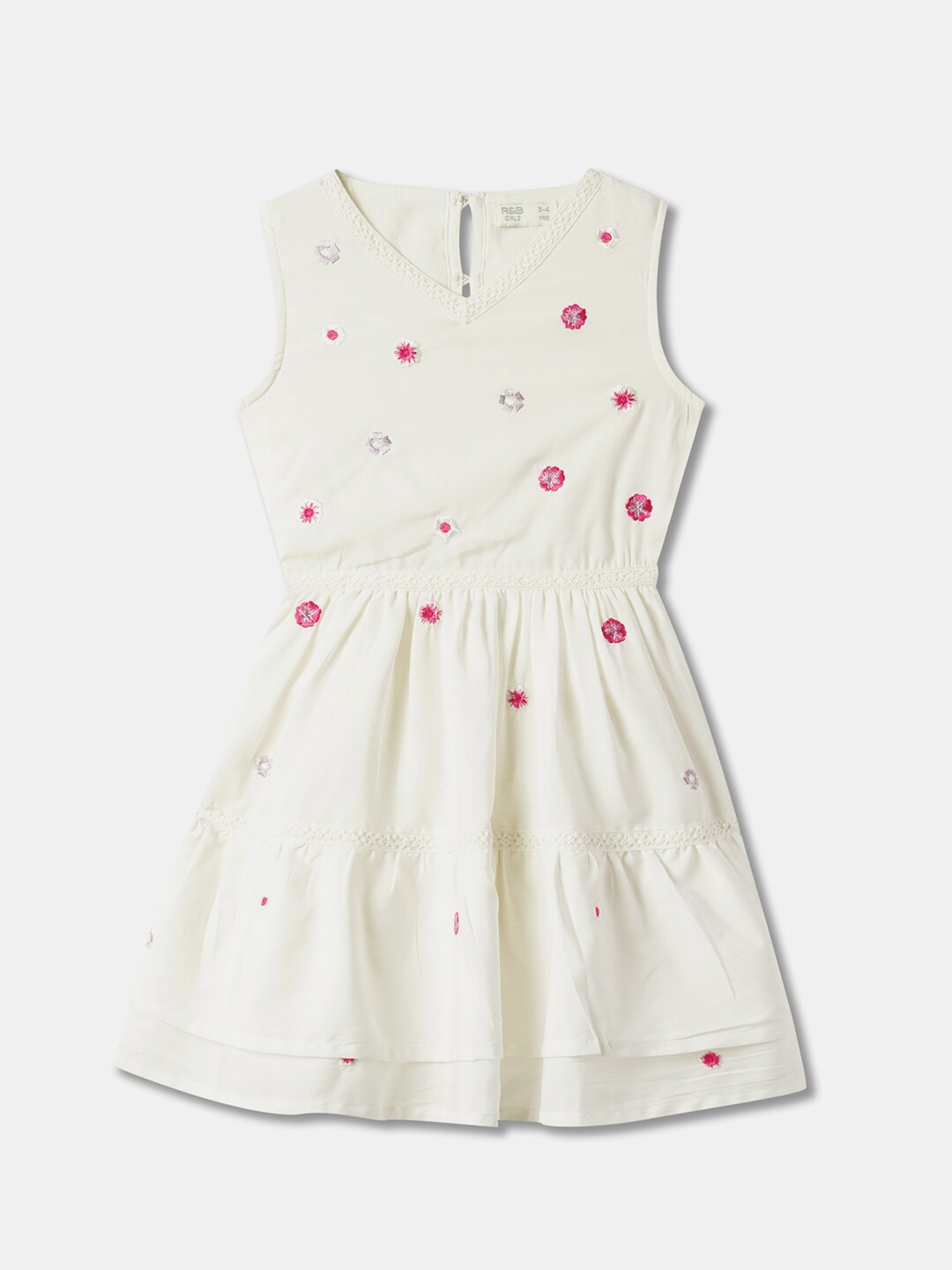 

R&B Girls Round Neck Floral Printed Opaque Fit & Flare Dress, White