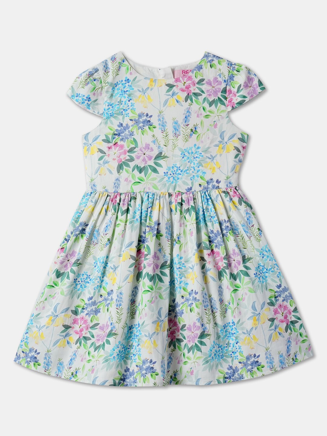 

R&B Girls Tropical Printed Round Neck Cotton Fit & Flare Dress, White